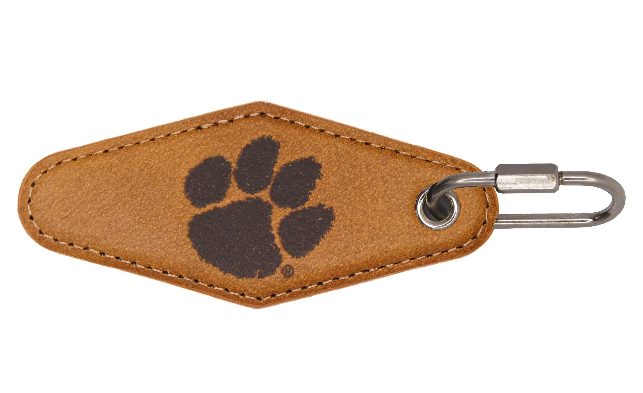 Clemson Tigers Collegiate Vintage Full Grain Leather Key Fob. Brown Burnished and Tan Embossed Key Ring.