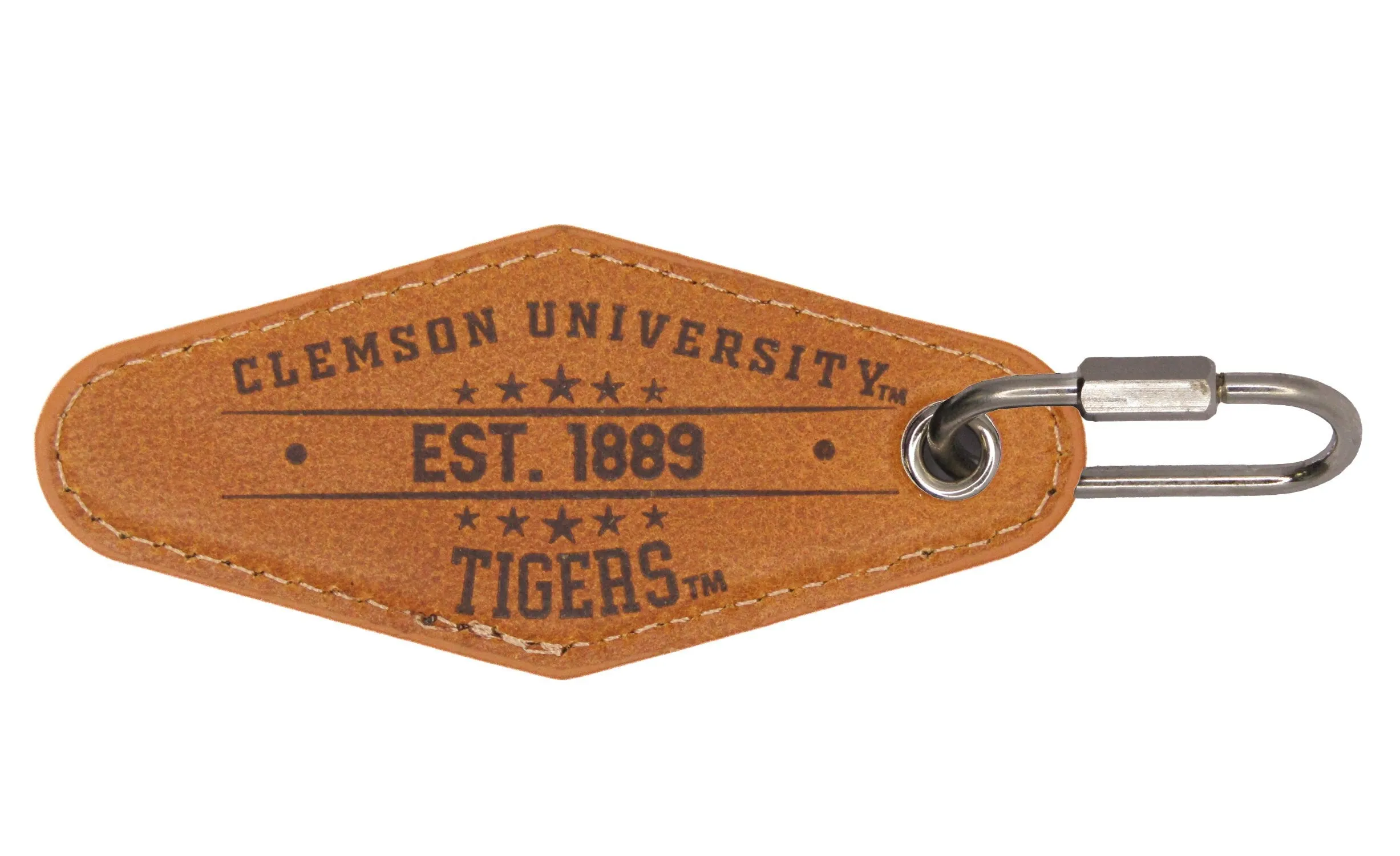 Clemson Tigers Collegiate Vintage Full Grain Leather Key Fob. Brown Burnished and Tan Embossed Key Ring.