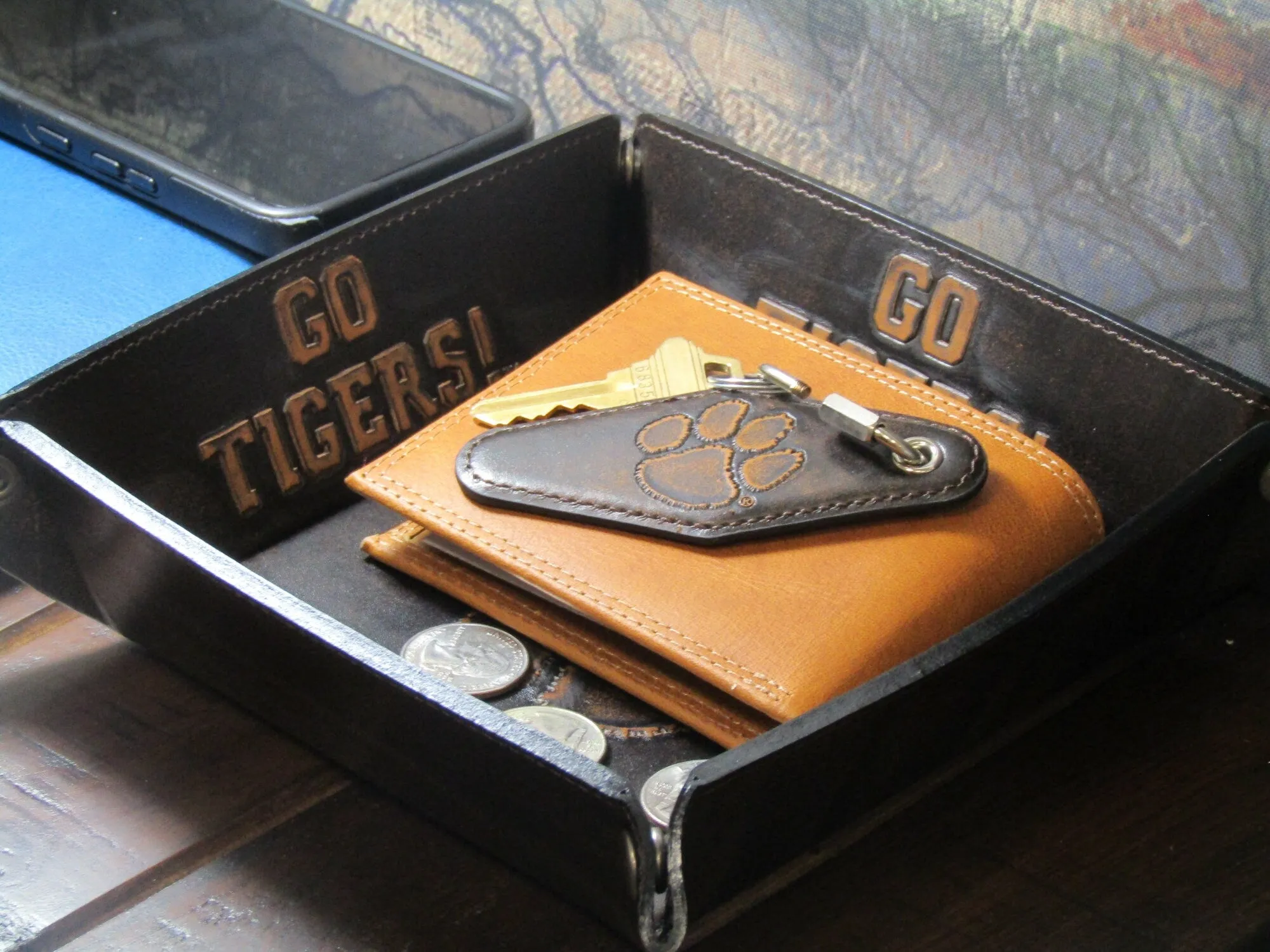 Clemson Tigers Collegiate Vintage Full Grain Leather Key Fob. Brown Burnished and Tan Embossed Key Ring.