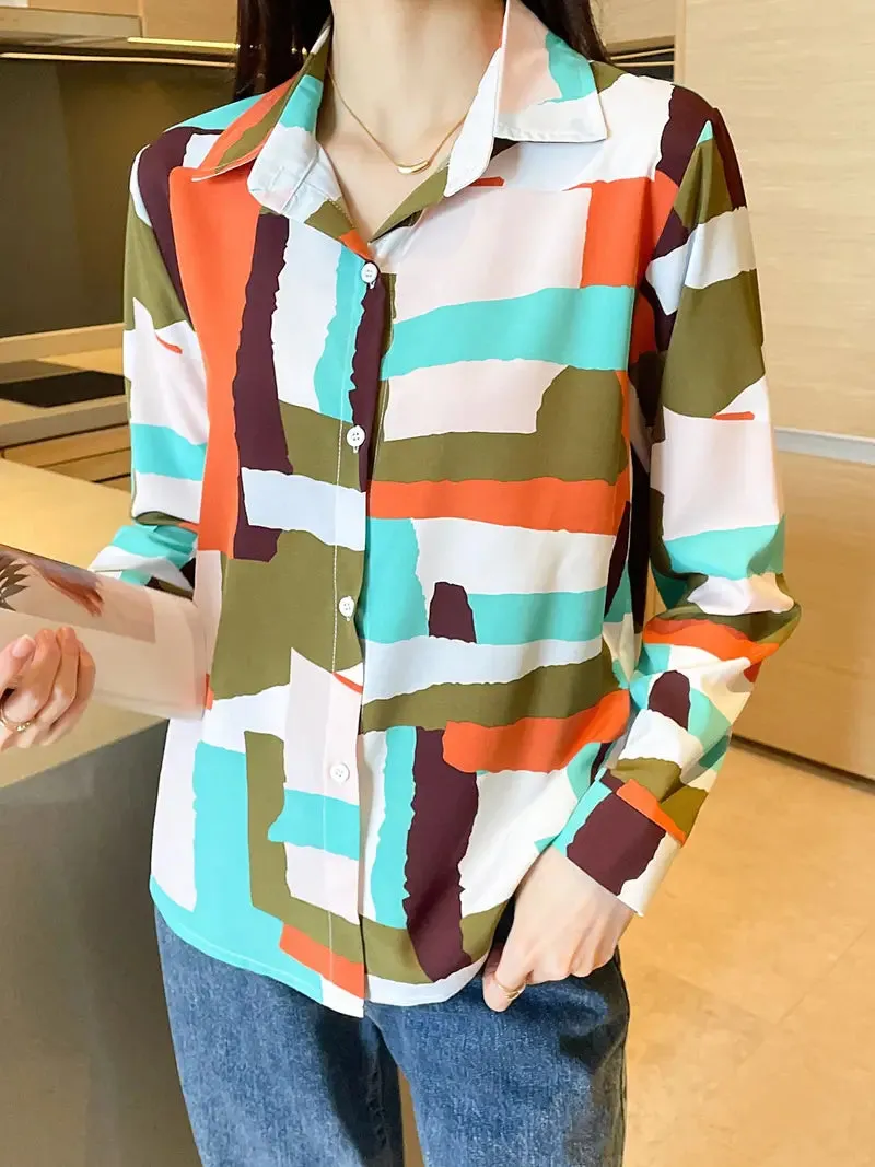 Colorful Print Button Front Shirt, Casual Cuff Sleeve