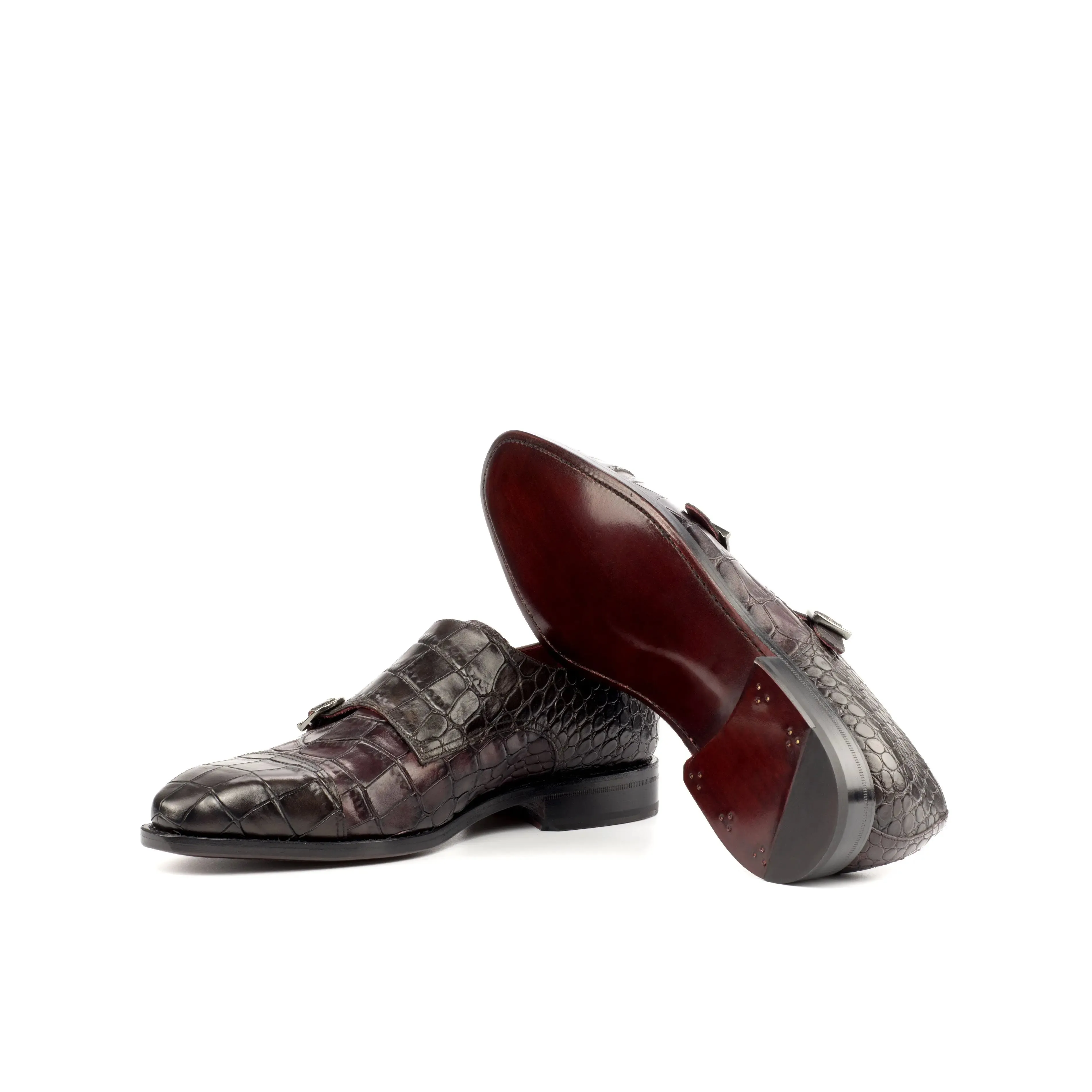 DapperFam Monaco in Dark Brown / Burgundy Men's Italian Croco Embossed Leather Double Monk