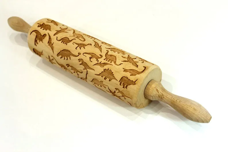 DINOSAURS Engraved Embossing ROLLING PIN, Clay Stamp, Pottery Roller