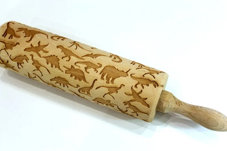 DINOSAURS Engraved Embossing ROLLING PIN, Clay Stamp, Pottery Roller