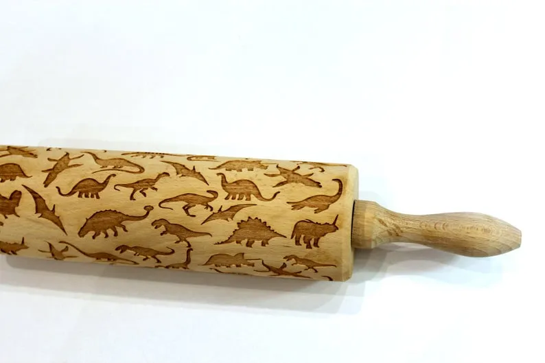 DINOSAURS Engraved Embossing ROLLING PIN, Clay Stamp, Pottery Roller