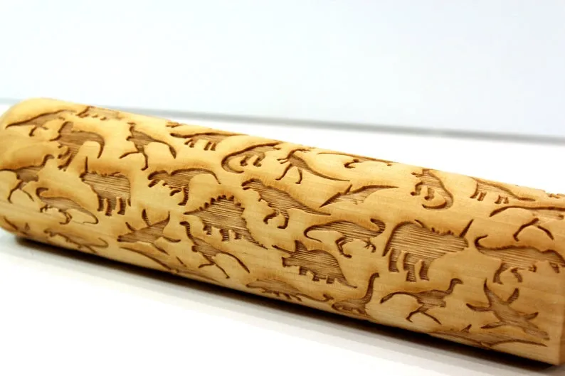 DINOSAURS Engraved Embossing ROLLING PIN, Clay Stamp, Pottery Roller