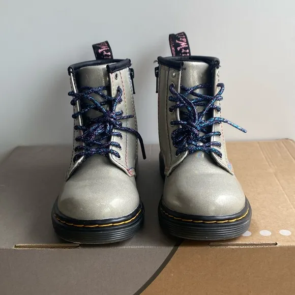 Dr. Martens 1460 Grey Glitter Leather Lace Up Zip Ankle Boots Toddler -Size 8 C