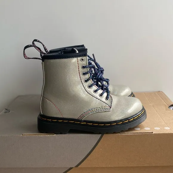 Dr. Martens 1460 Grey Glitter Leather Lace Up Zip Ankle Boots Toddler -Size 8 C