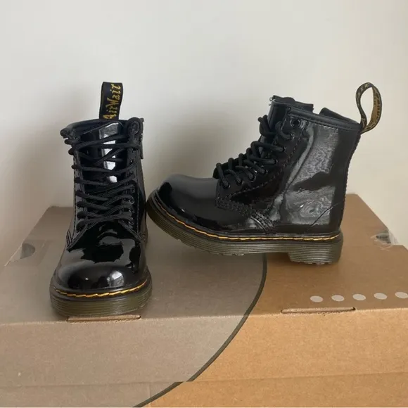 Dr. Martens 1460 Patent Black Leather Lace Up Zip Ankle Boots Toddler -SZ 8 C