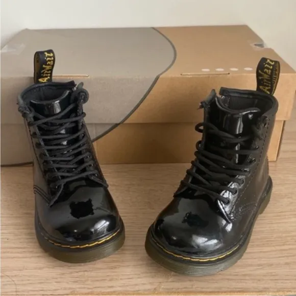 Dr. Martens 1460 Patent Black Leather Lace Up Zip Ankle Boots Toddler -SZ 8 C