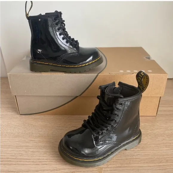 Dr. Martens 1460 Patent Black Leather Lace Up Zip Ankle Boots Toddler -SZ 8 C