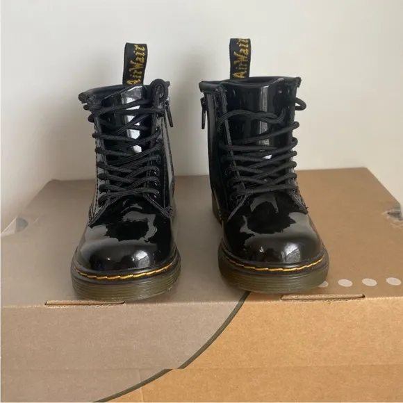 Dr. Martens 1460 Patent Black Leather Lace Up Zip Ankle Boots Toddler -SZ 8 C