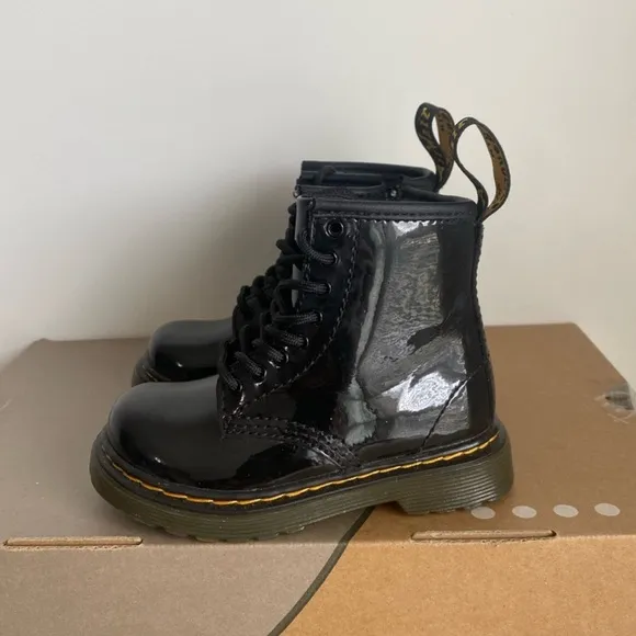 Dr. Martens 1460 Patent Black Leather Lace Up Zip Ankle Boots Toddler -SZ 8 C