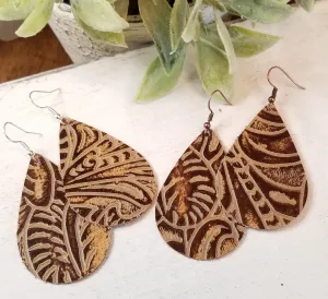 Embossed Brown Leather Teardrop Earrings