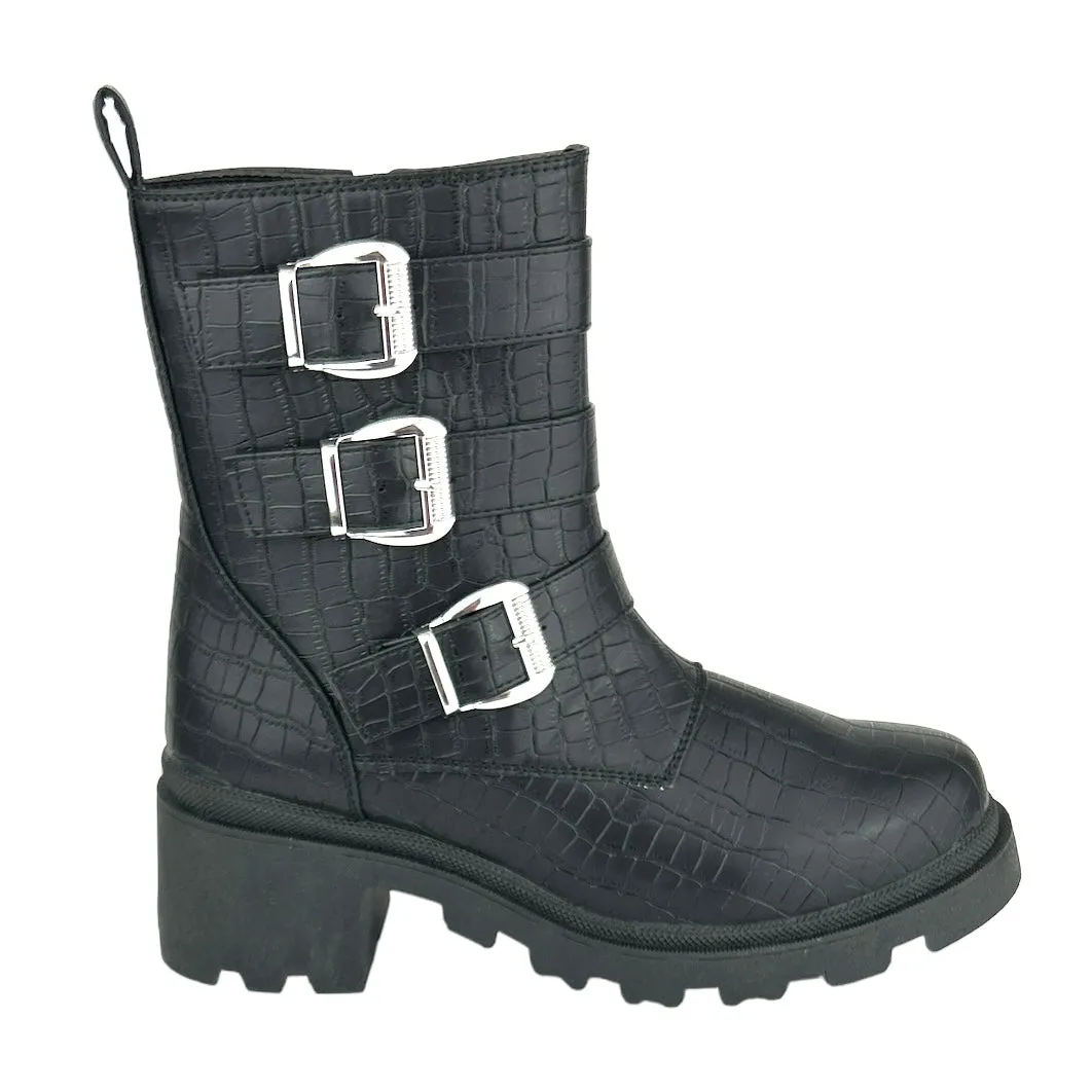 FILO Women's Lug Sole Croc Embossed Combats Boots