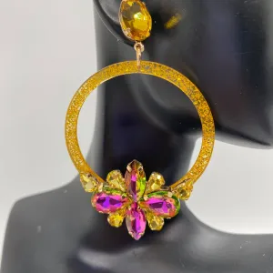 Fuchsia and Gold Crystal Flower Hoop Earrings | 2" | CJB006