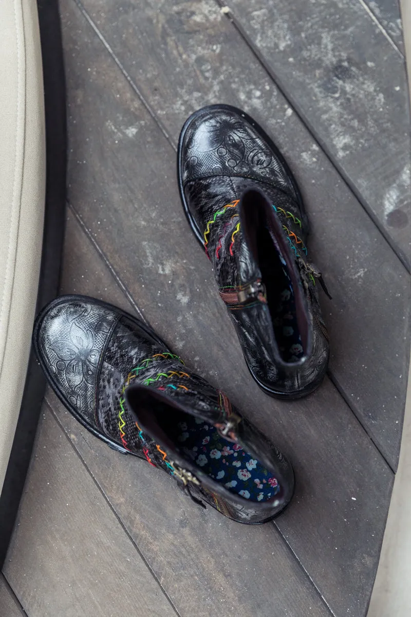 Genuine Leather Rainbow Stitch Floral Embossed Ankle Boots
