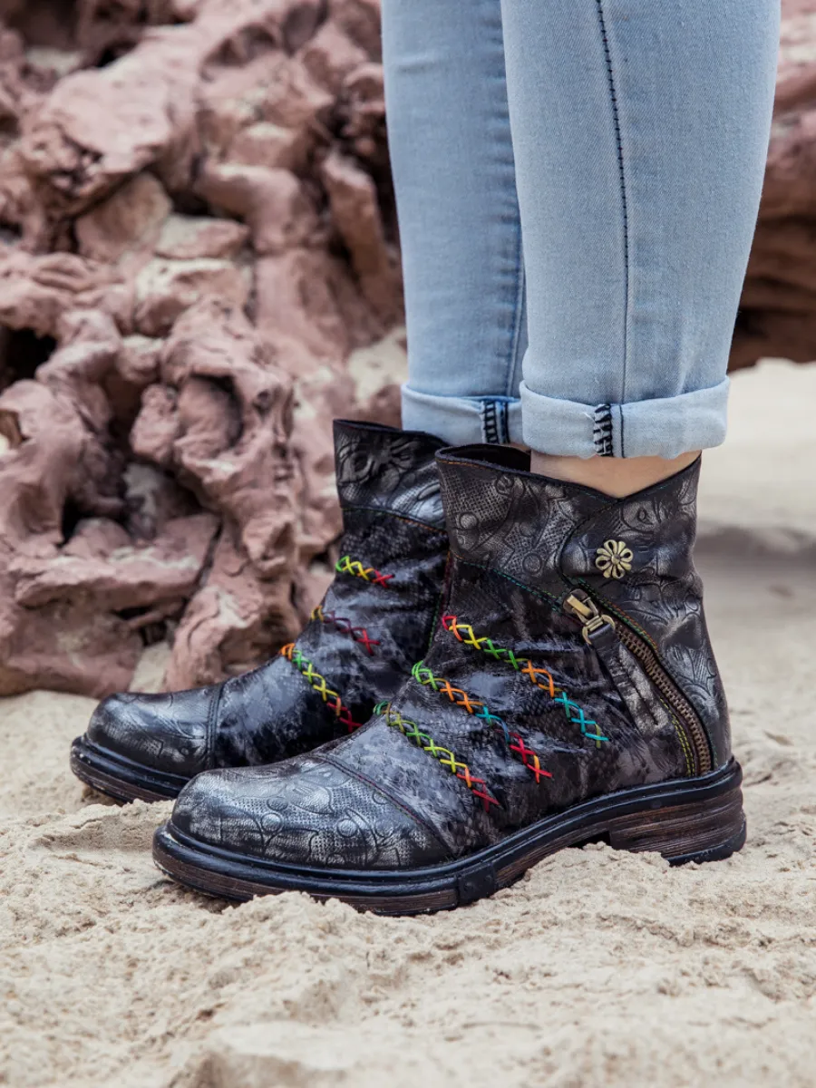 Genuine Leather Rainbow Stitch Floral Embossed Ankle Boots