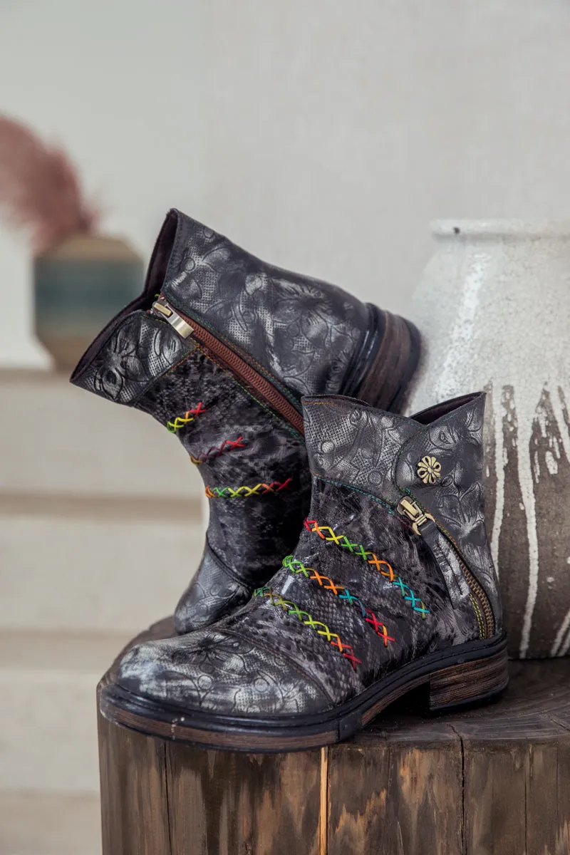 Genuine Leather Rainbow Stitch Floral Embossed Ankle Boots