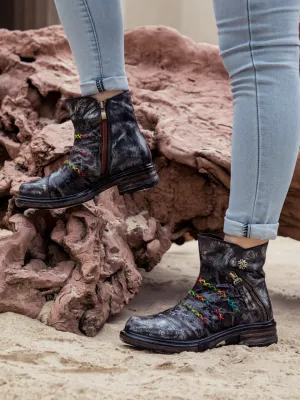 Genuine Leather Rainbow Stitch Floral Embossed Ankle Boots