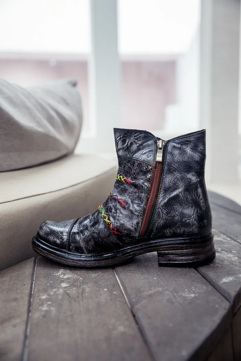 Genuine Leather Rainbow Stitch Floral Embossed Ankle Boots