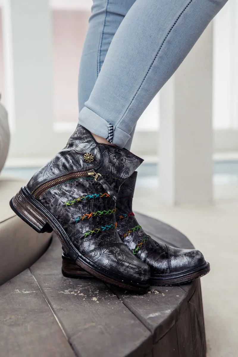 Genuine Leather Rainbow Stitch Floral Embossed Ankle Boots