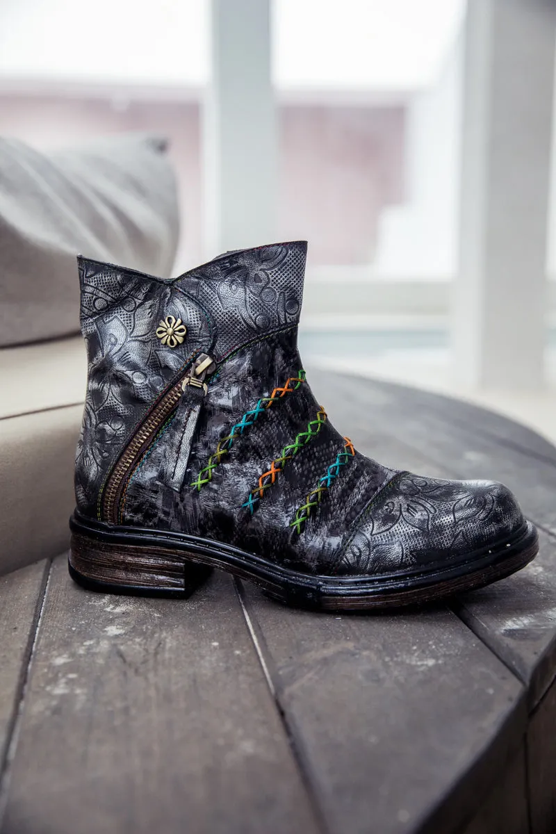 Genuine Leather Rainbow Stitch Floral Embossed Ankle Boots