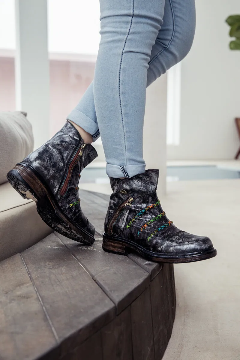 Genuine Leather Rainbow Stitch Floral Embossed Ankle Boots