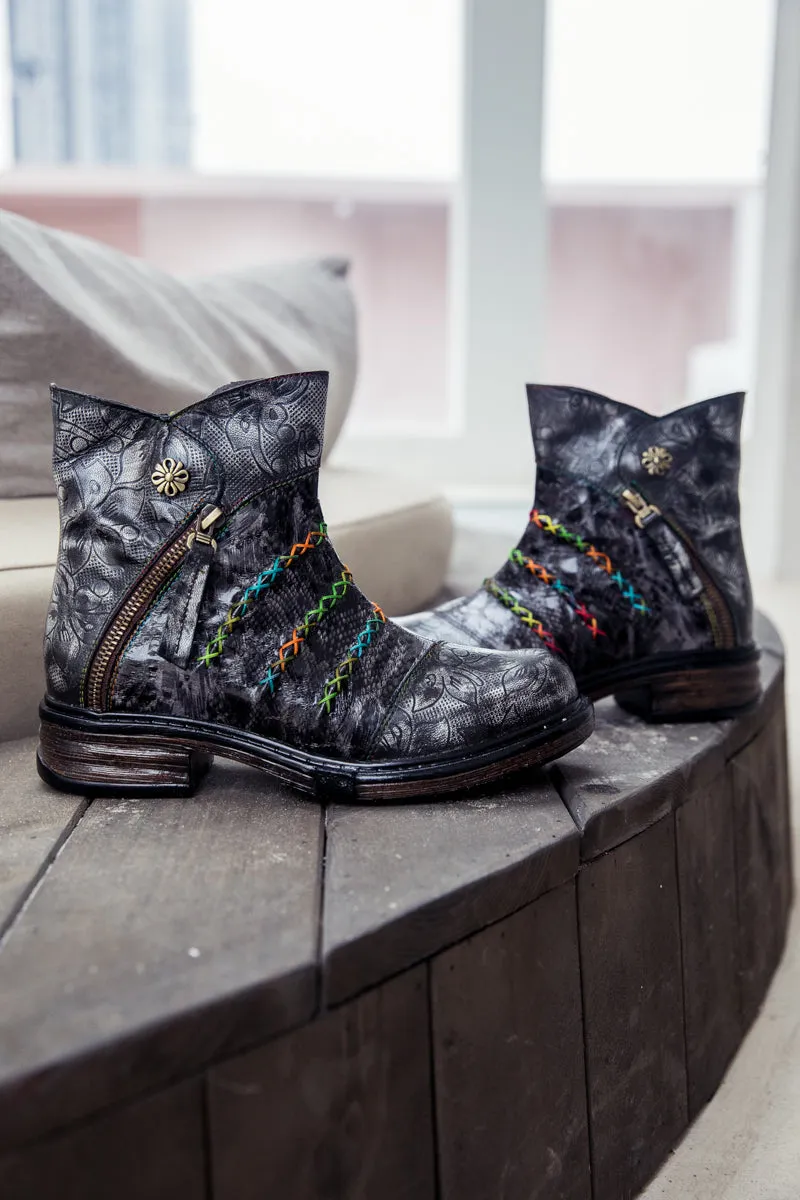Genuine Leather Rainbow Stitch Floral Embossed Ankle Boots