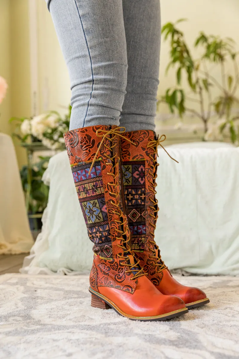 Geometry Patchwork Embossed Leather Knee High Boot