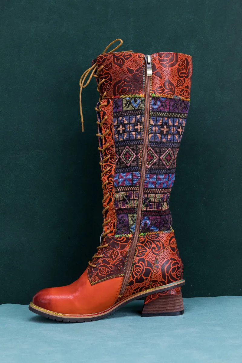 Geometry Patchwork Embossed Leather Knee High Boot