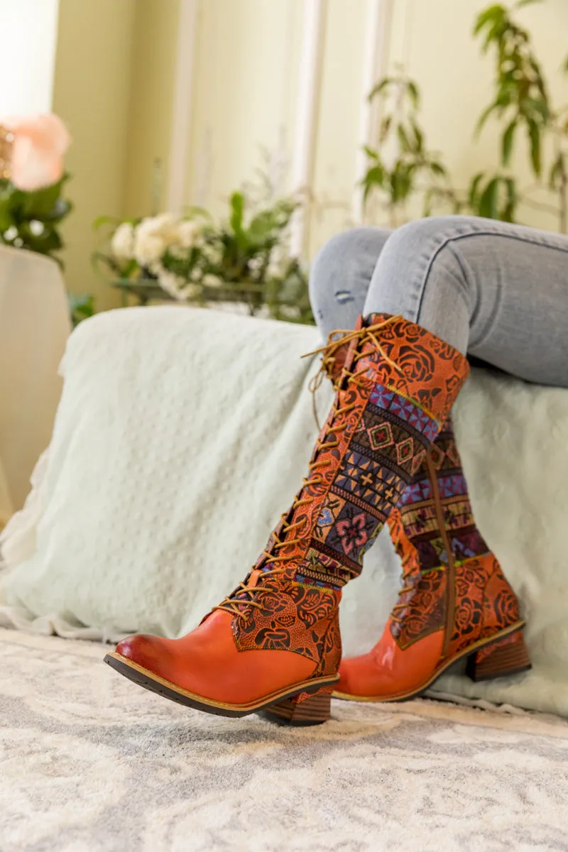 Geometry Patchwork Embossed Leather Knee High Boot