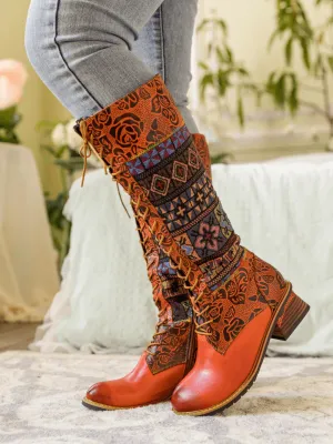 Geometry Patchwork Embossed Leather Knee High Boot
