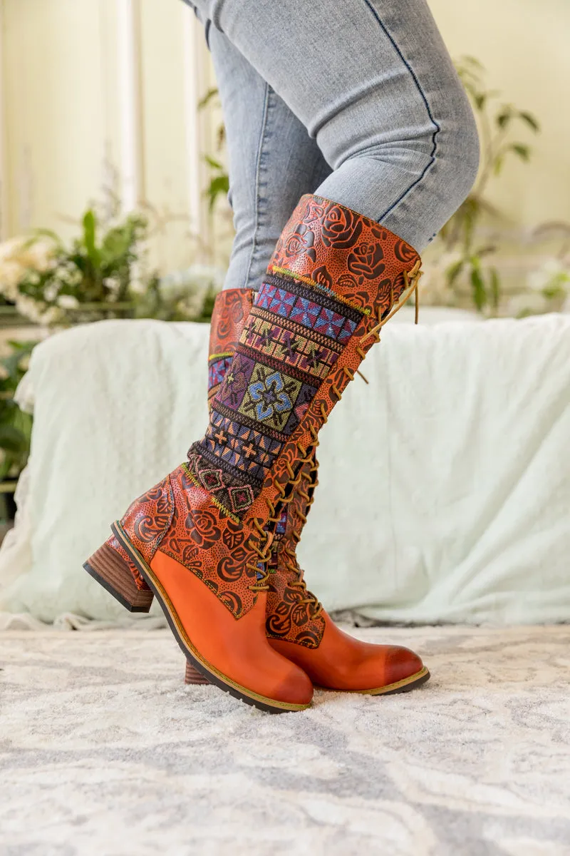Geometry Patchwork Embossed Leather Knee High Boot