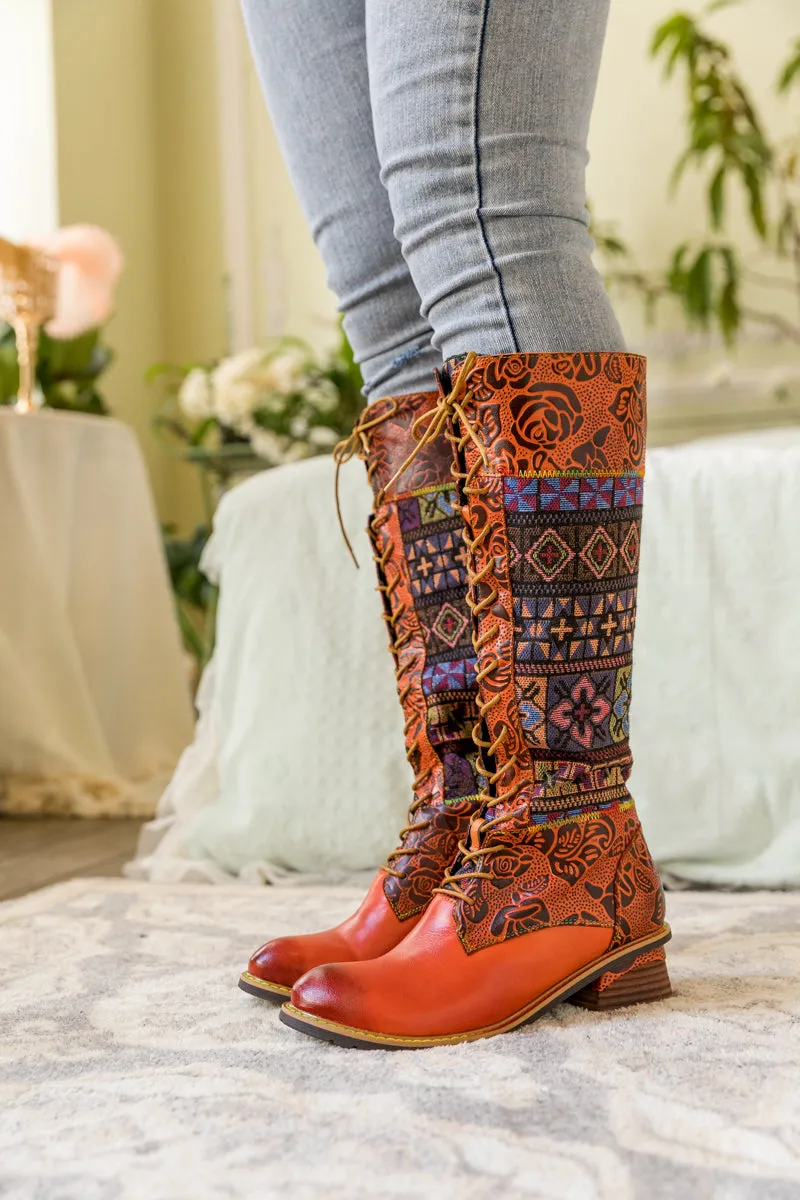 Geometry Patchwork Embossed Leather Knee High Boot