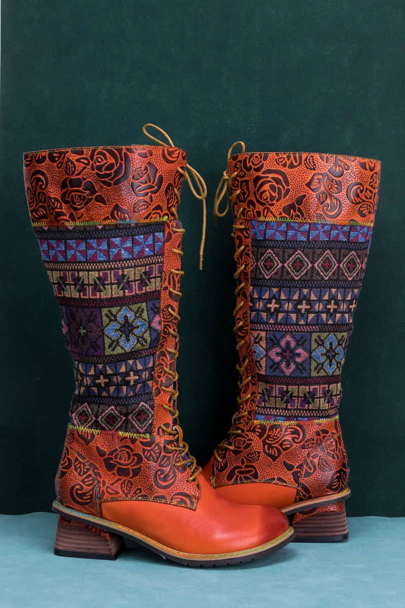 Geometry Patchwork Embossed Leather Knee High Boot