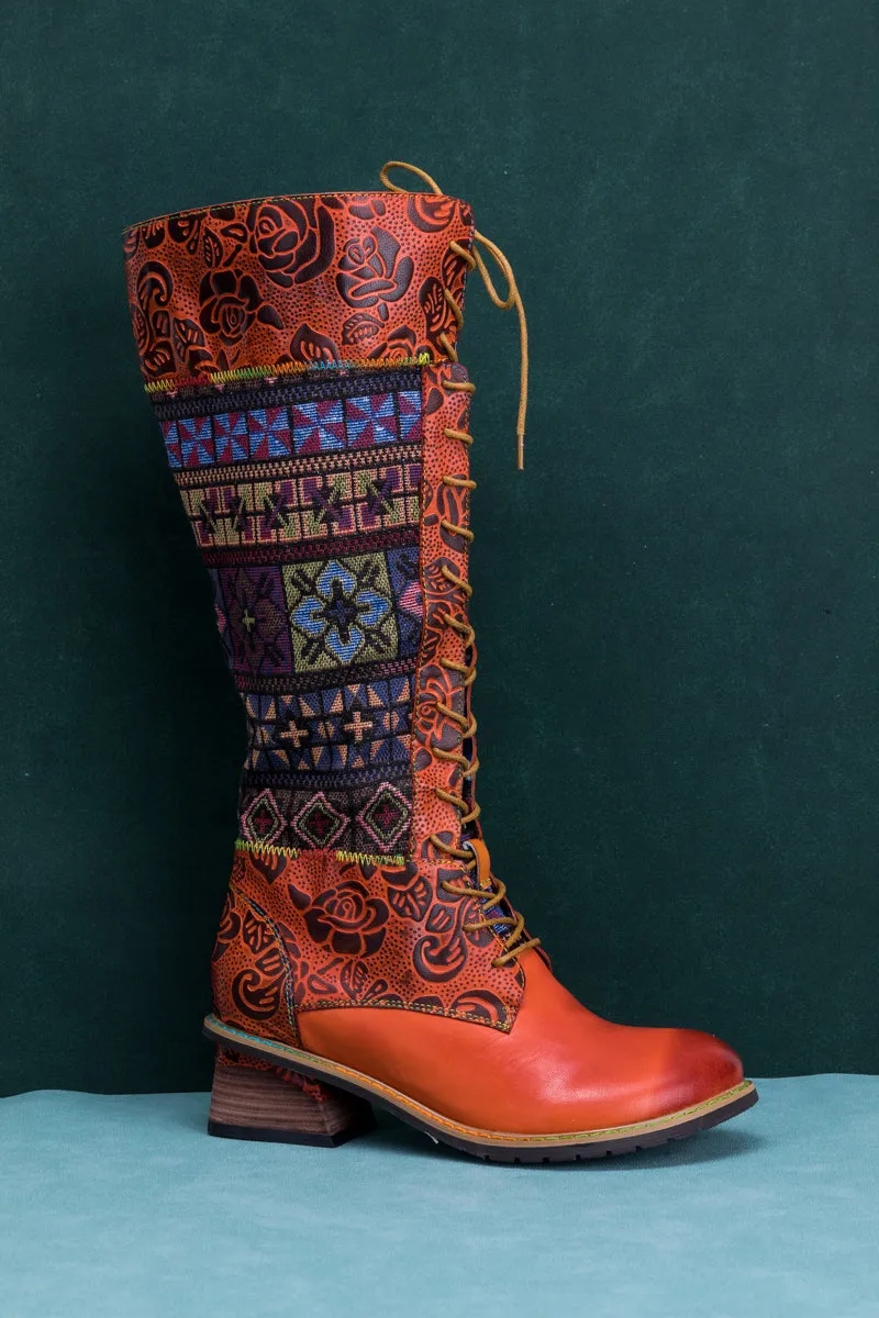 Geometry Patchwork Embossed Leather Knee High Boot