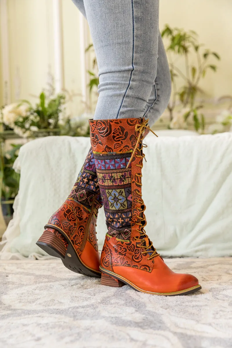 Geometry Patchwork Embossed Leather Knee High Boot
