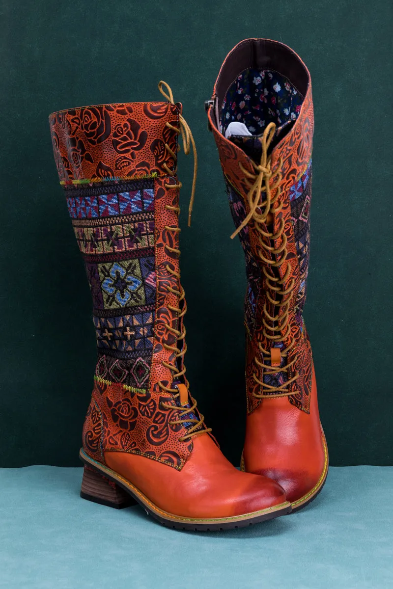 Geometry Patchwork Embossed Leather Knee High Boot