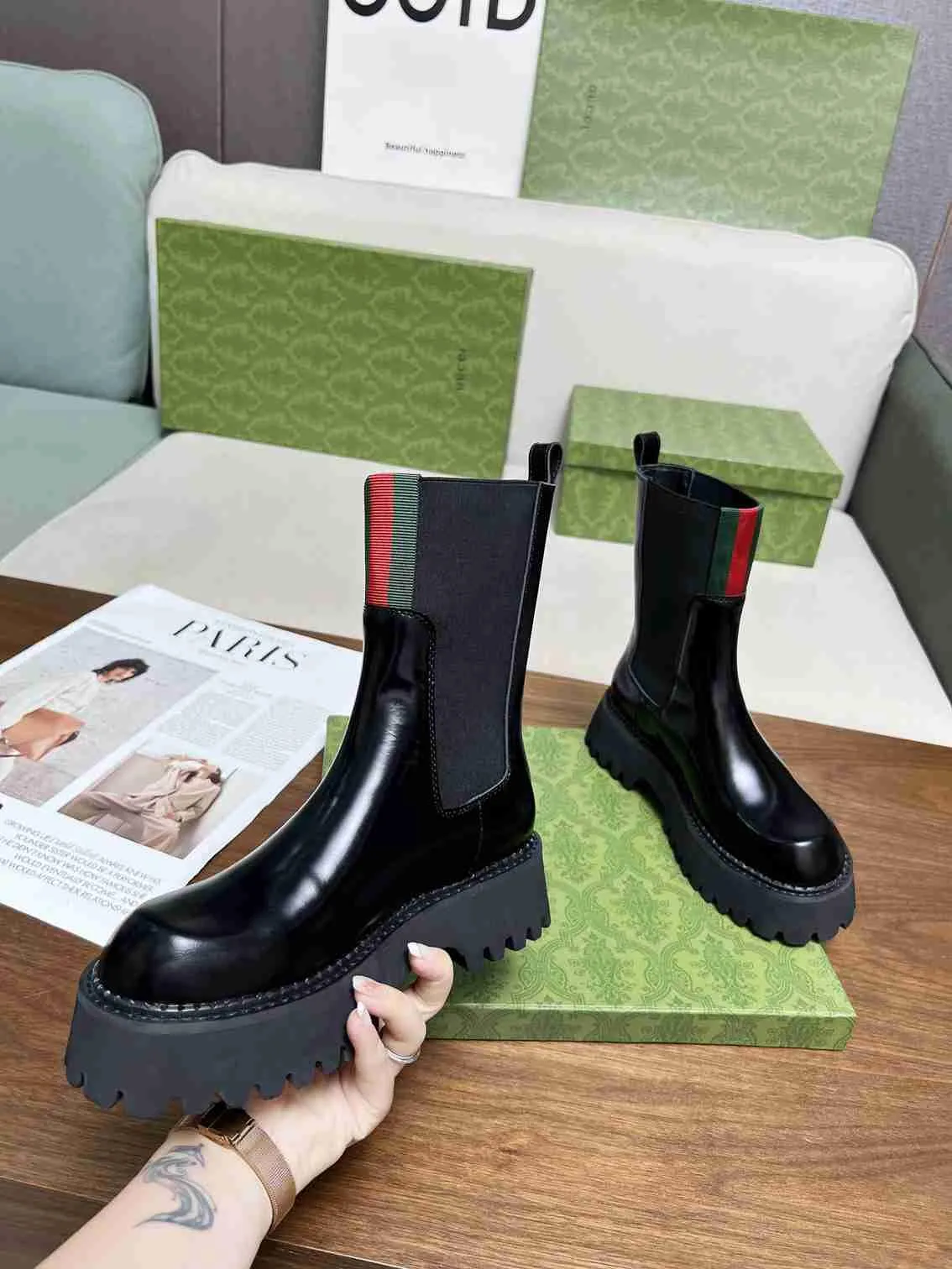 GG WOMEN'S BOOT WITH WEB ANAND LEATHER BLACK ‎806398 AAD6T 1052
