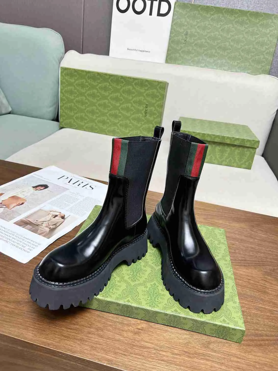 GG WOMEN'S BOOT WITH WEB ANAND LEATHER BLACK ‎806398 AAD6T 1052