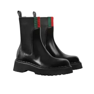 GG WOMEN'S BOOT WITH WEB ANAND LEATHER BLACK ‎806398 AAD6T 1052