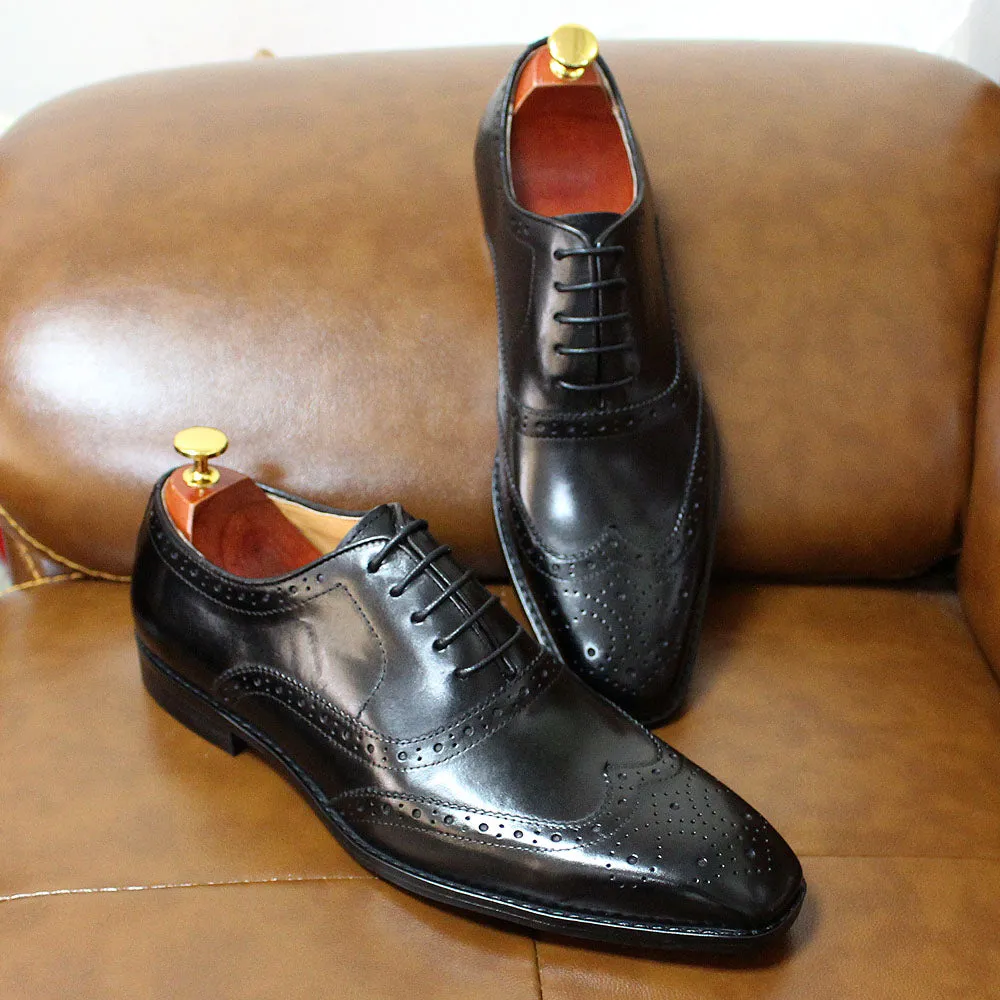 Handmade Black Leather Brogue Dress Shoes for Men