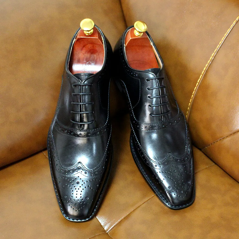 Handmade Black Leather Brogue Dress Shoes for Men