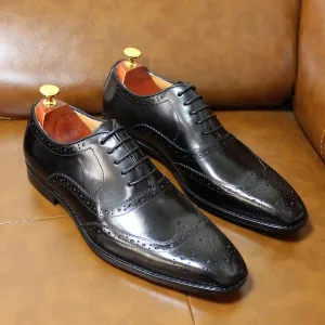 Handmade Black Leather Brogue Dress Shoes for Men