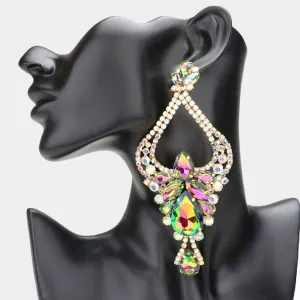 Large Long Multi-Color Crystal Teardrop Rhinestone Embellished Chandelier Earrings | Oversized Earrings | 573402