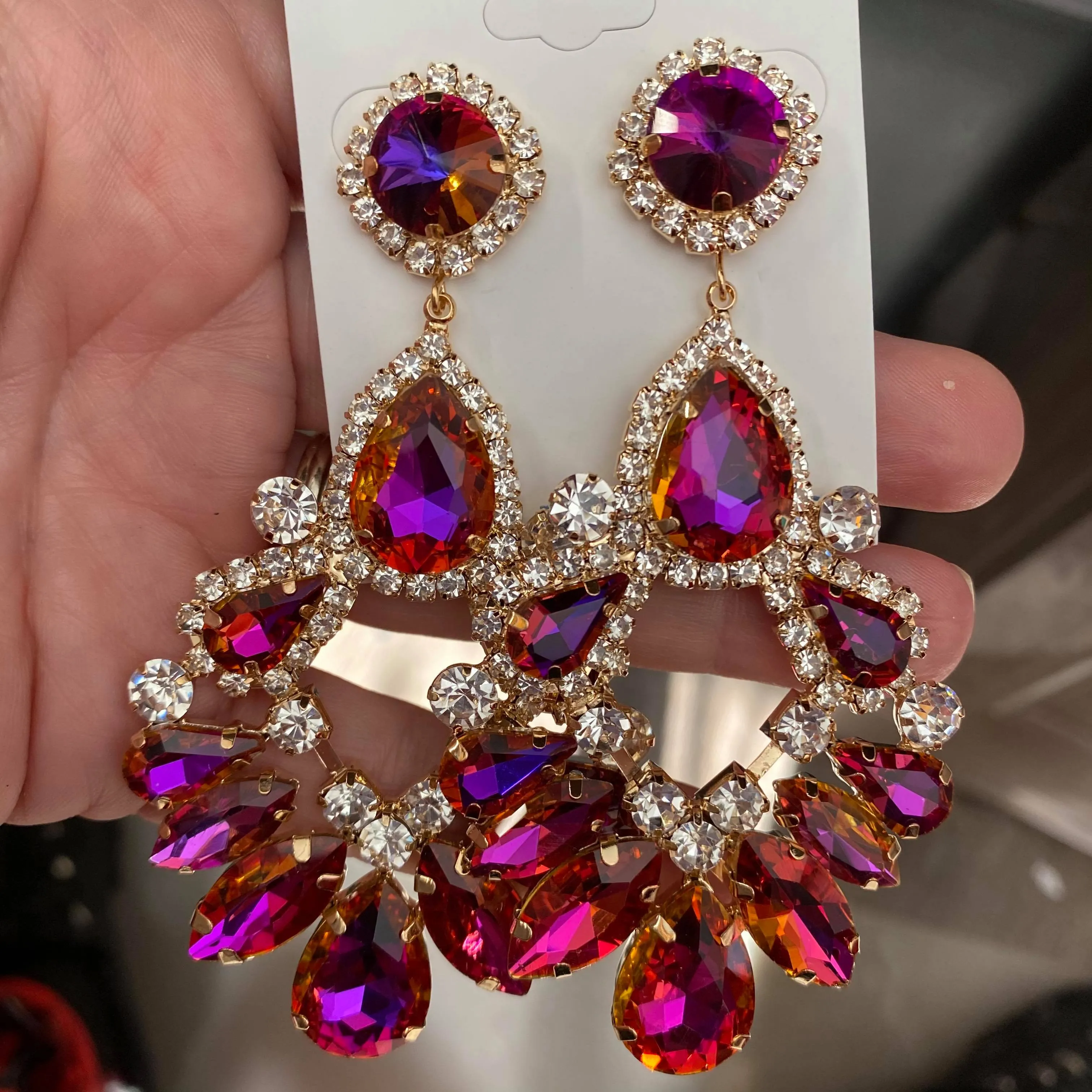 Large Purple AB Crystal Teardrop Chandelier Earrings  | 459592