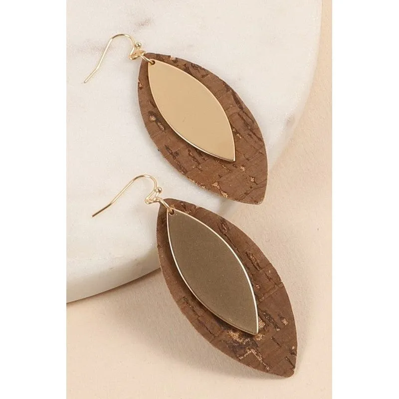 Leaf Shape Cork Metal Dangling Earrings