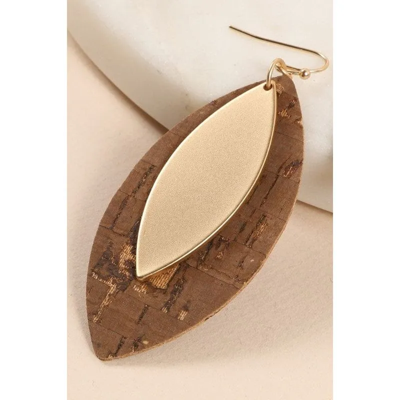 Leaf Shape Cork Metal Dangling Earrings