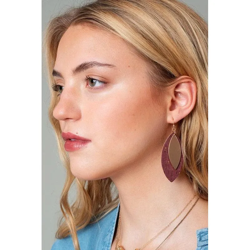 Leaf Shape Cork Metal Dangling Earrings