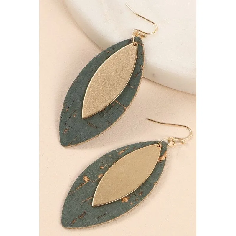 Leaf Shape Cork Metal Dangling Earrings